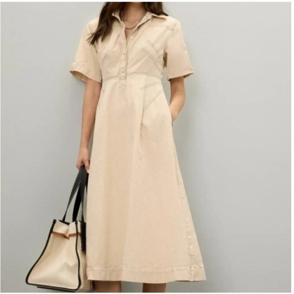 ROSETTA GETTY Beige Twill Cotton Short Sleeve Button Front Dress Size 4